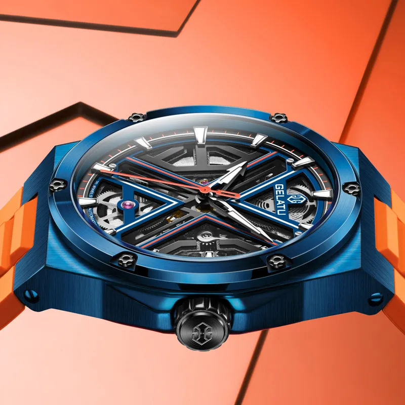 GELATU Automatic Mechanical Movement Silicone Strap Watch Men's Watches Black Dial-12
