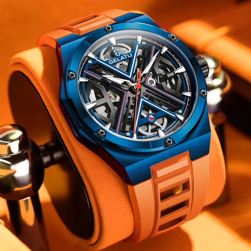 GELATU Automatic Mechanical Movement Silicone Strap Watch Men's Watches Black Dial-17