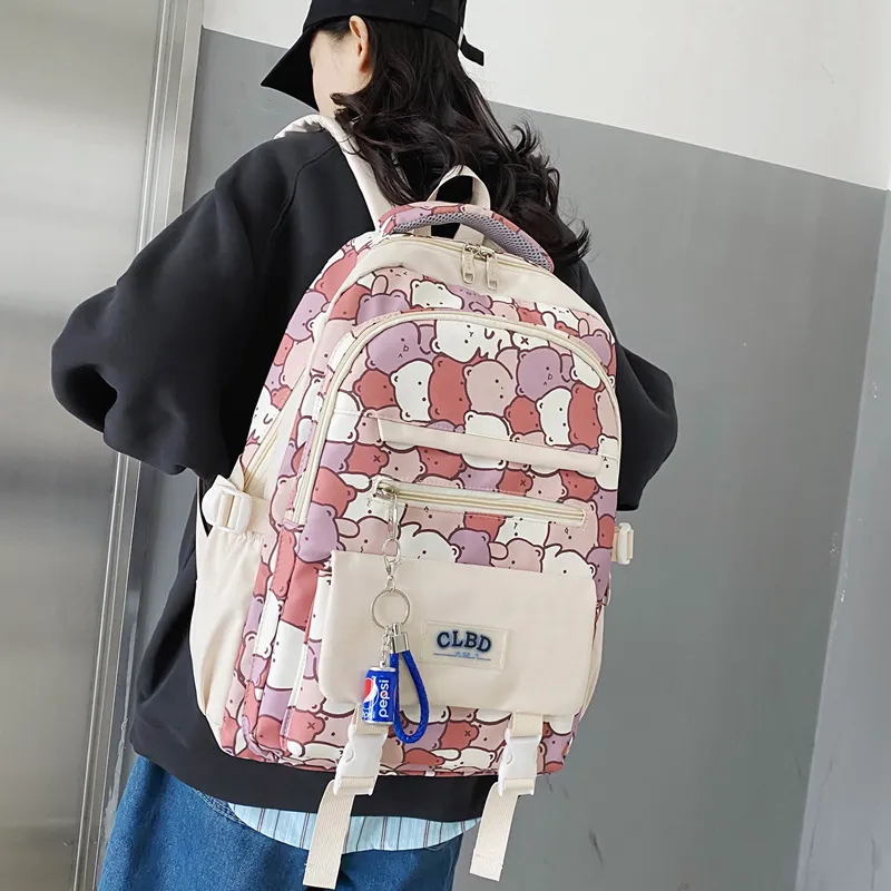 Wolfhorse Nylon Backpack Unisex Black Large Letter/Black Small Letter/Pink Cartoon-14