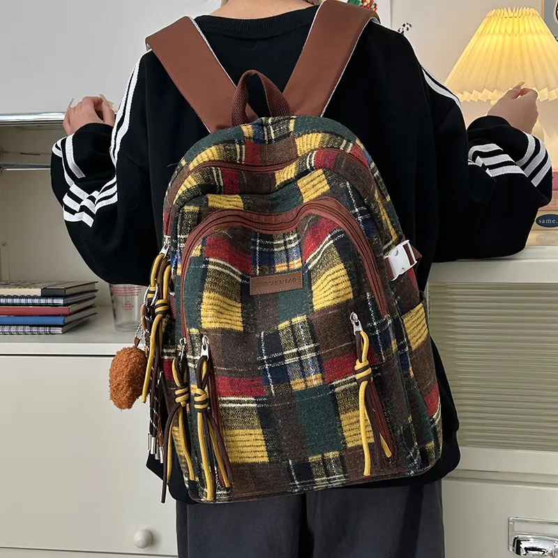 Tibai Nylon Backpack Unisex Yellow Plaid/Green Plaid/Red Plaid-6