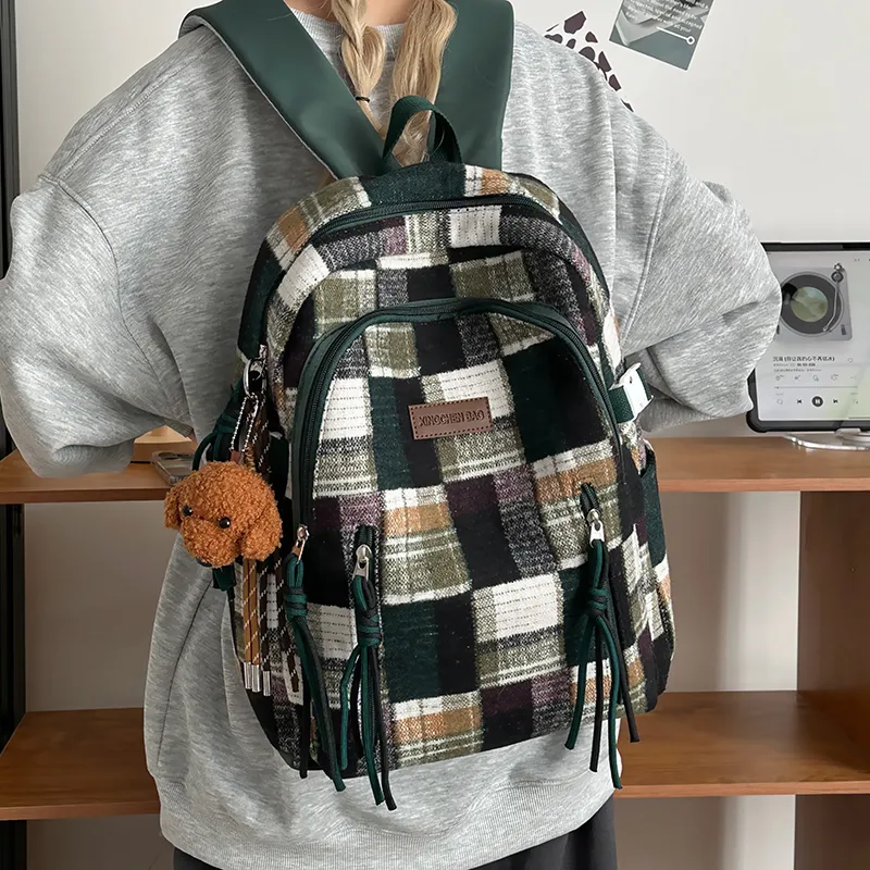 Tibai Nylon Backpack Unisex Yellow Plaid/Green Plaid/Red Plaid-12