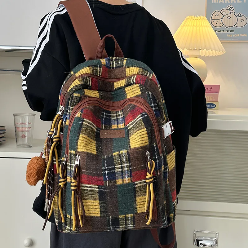 Tibai Nylon Backpack Unisex Yellow Plaid/Green Plaid/Red Plaid-8