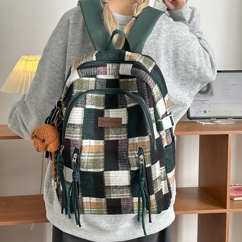 Tibai Nylon Backpack Unisex Yellow Plaid/Green Plaid/Red Plaid-13