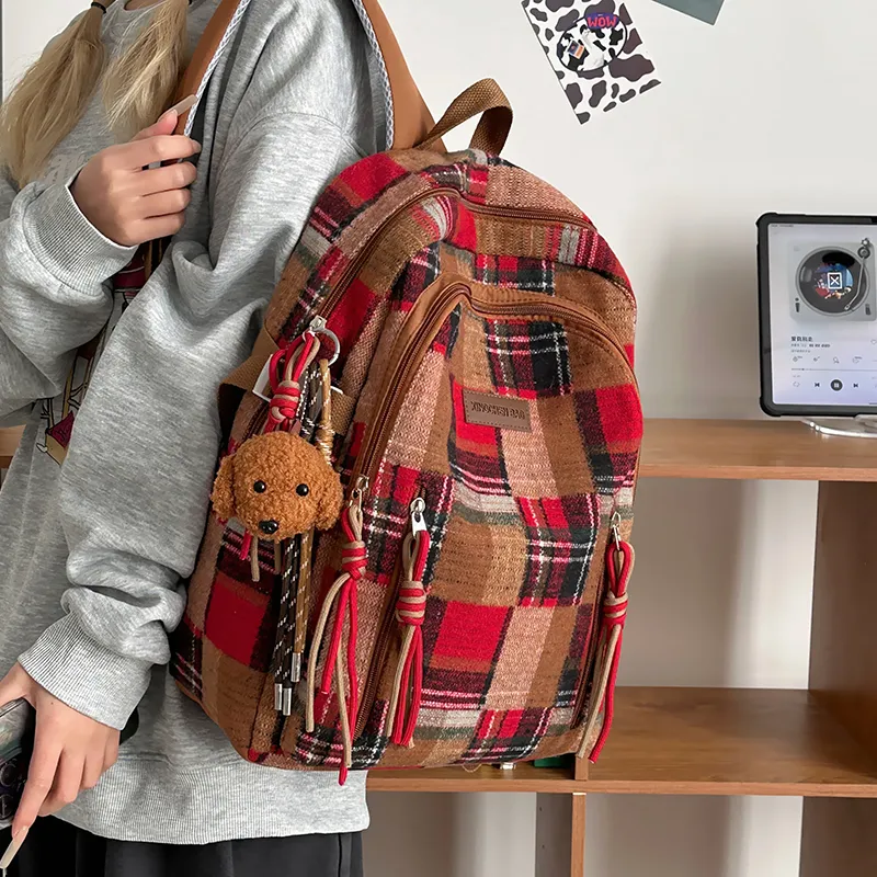 Tibai Nylon Backpack Unisex Yellow Plaid/Green Plaid/Red Plaid-21