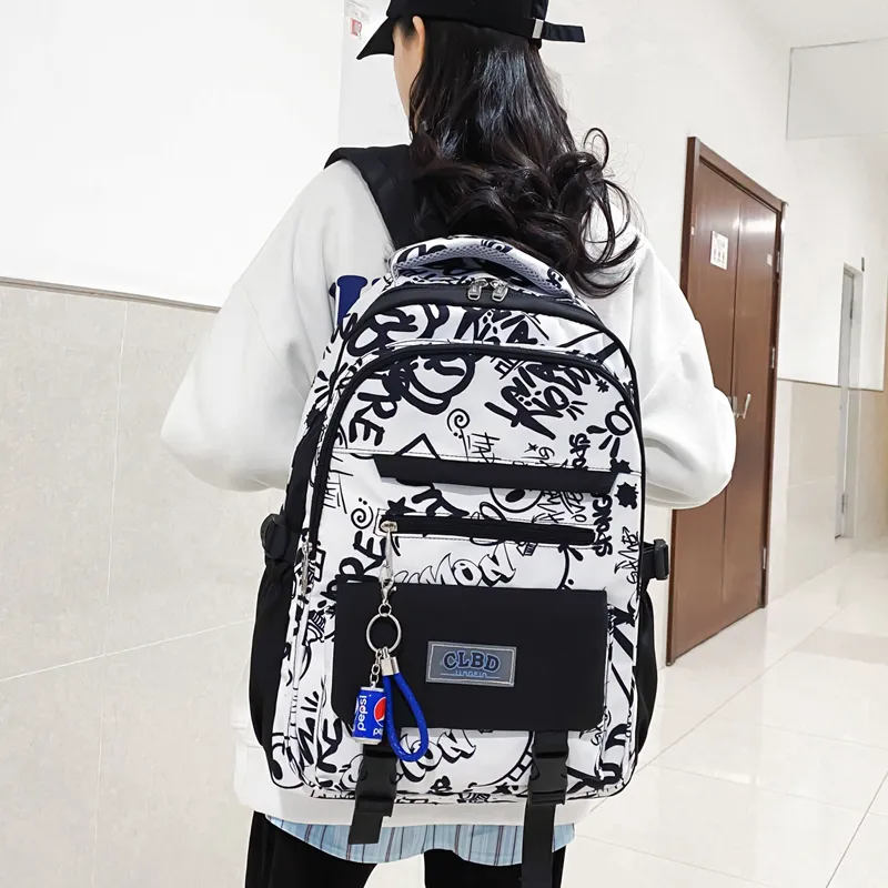 Wolfhorse Nylon Backpack Unisex Black Large Letter/Black Small Letter/Pink Cartoon-11