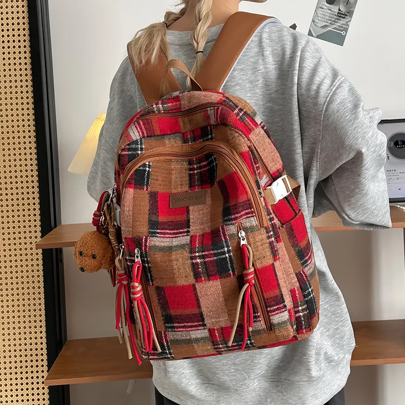 Tibai Nylon Backpack Unisex Yellow Plaid/Green Plaid/Red Plaid-18