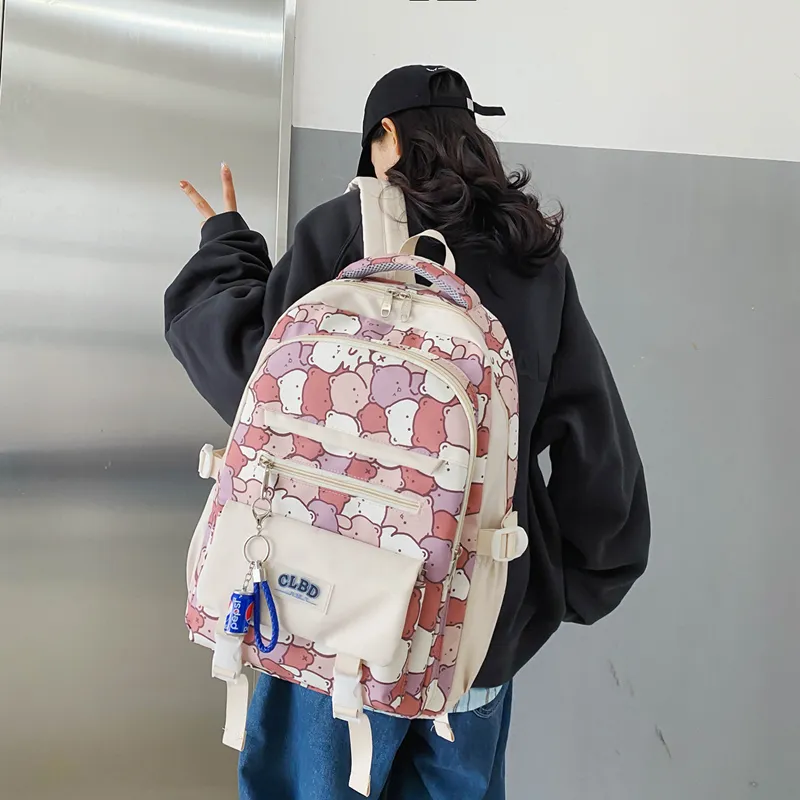 Wolfhorse Nylon Backpack Unisex Black Large Letter/Black Small Letter/Pink Cartoon-15