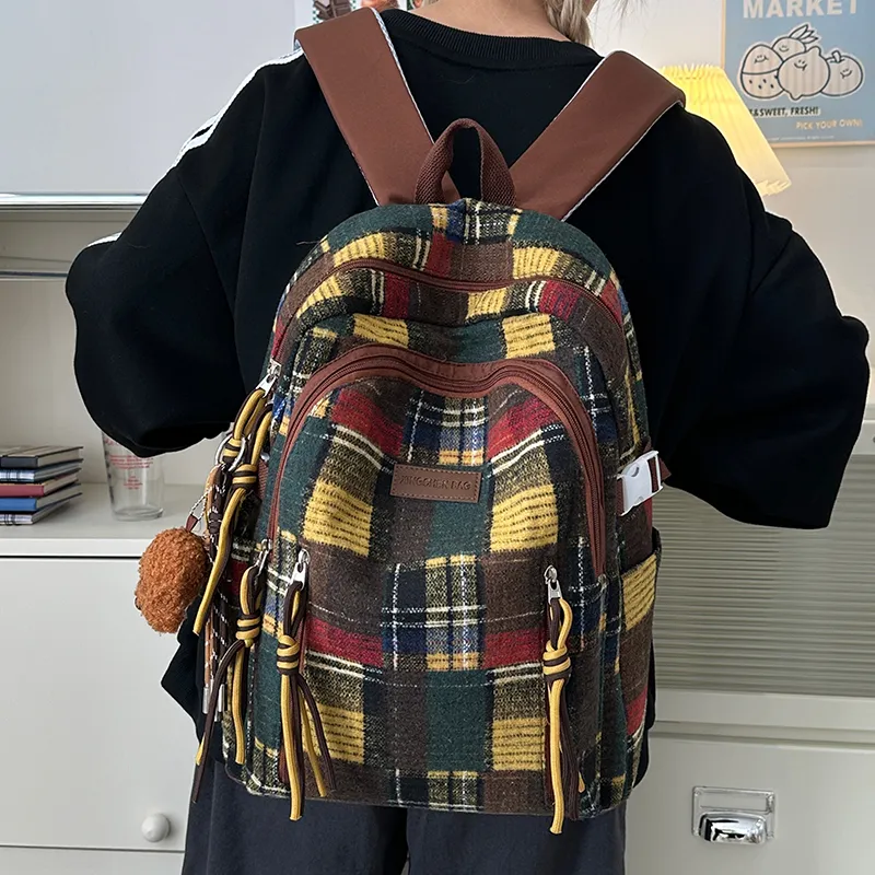 Tibai Nylon Backpack Unisex Yellow Plaid/Green Plaid/Red Plaid-7