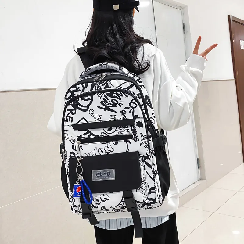 Wolfhorse Nylon Backpack Unisex Black Large Letter/Black Small Letter/Pink Cartoon-12