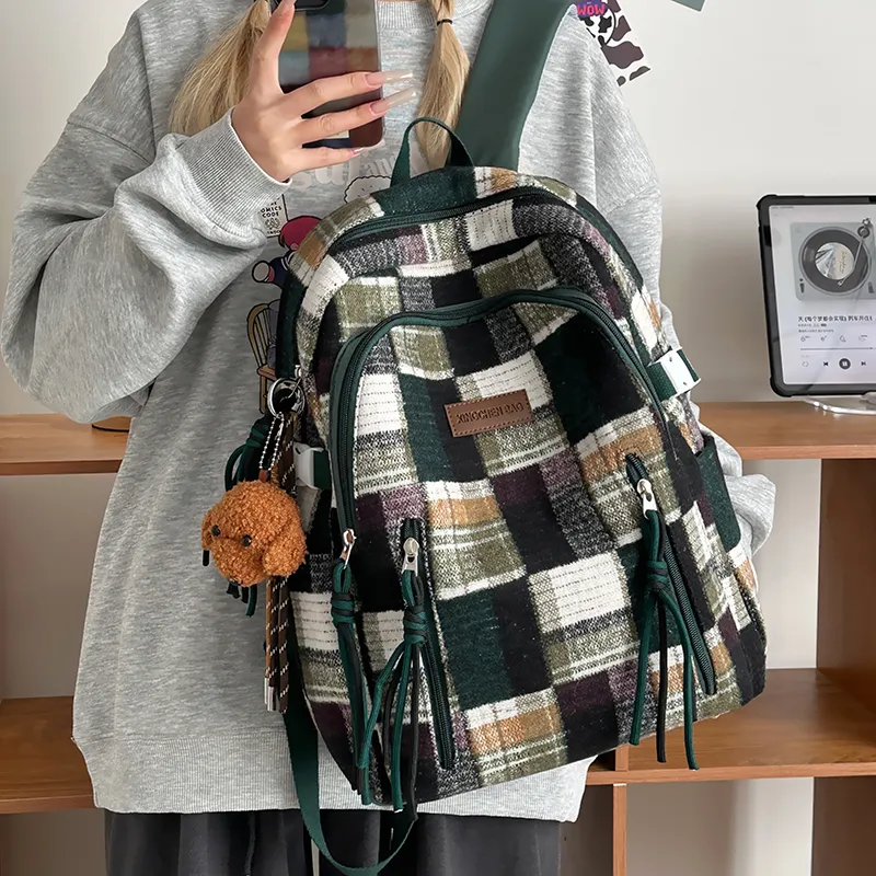 Tibai Nylon Backpack Unisex Yellow Plaid/Green Plaid/Red Plaid-15