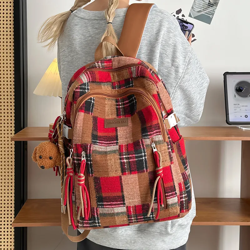 Tibai Nylon Backpack Unisex Yellow Plaid/Green Plaid/Red Plaid-17