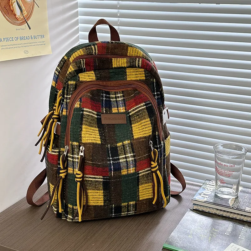 Tibai Nylon Backpack Unisex Yellow Plaid/Green Plaid/Red Plaid-1