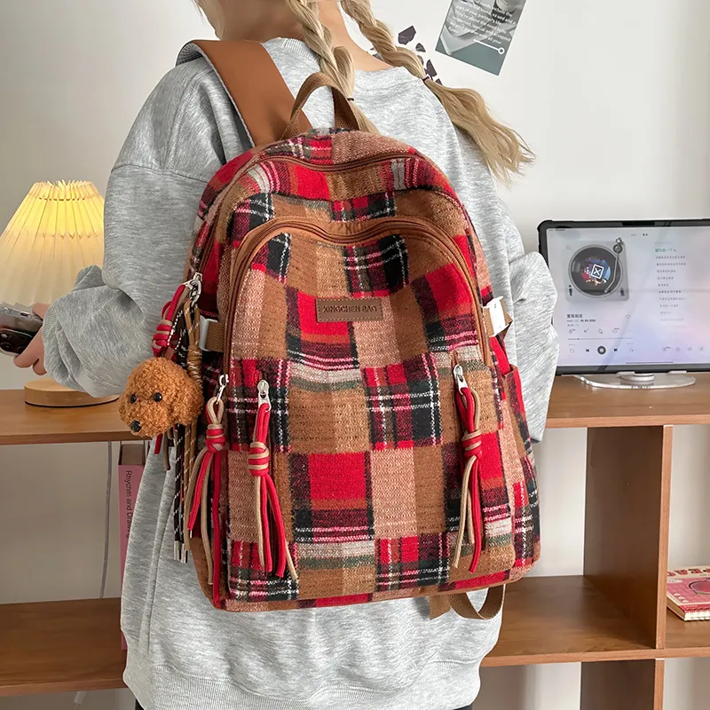 Tibai Nylon Backpack Unisex Yellow Plaid/Green Plaid/Red Plaid-20