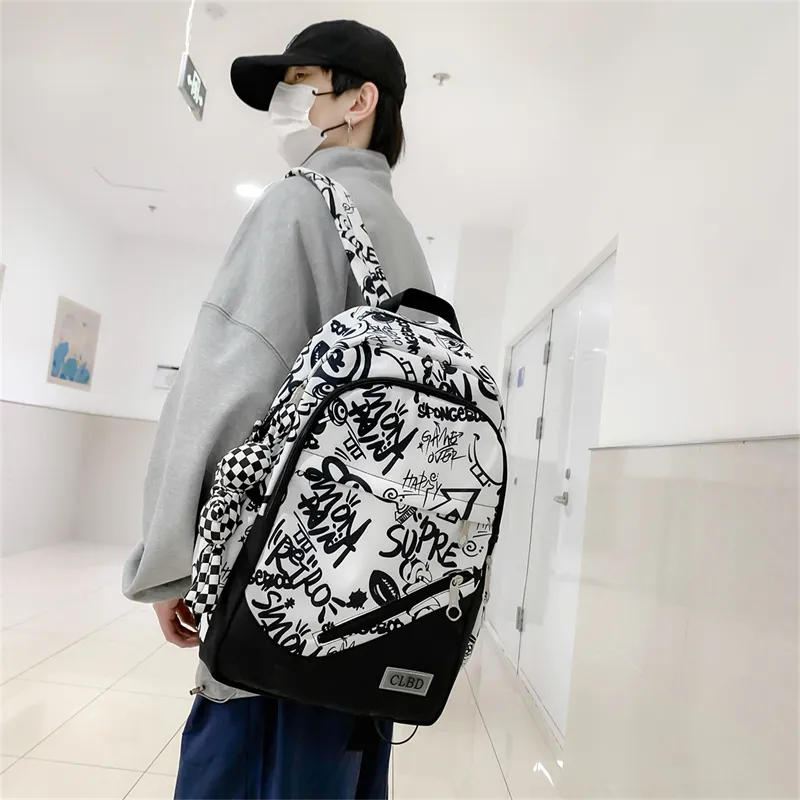 Wolfhorse Nylon Backpack Unisex Black Large Letter/Black Small Letter/Pink Cartoon-10