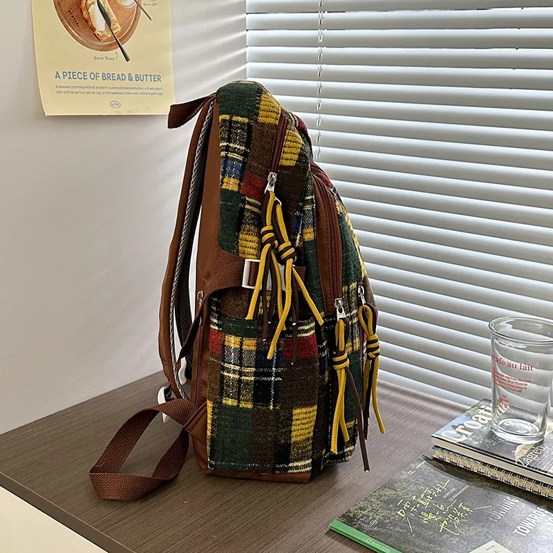 Tibai Nylon Backpack Unisex Yellow Plaid/Green Plaid/Red Plaid-2