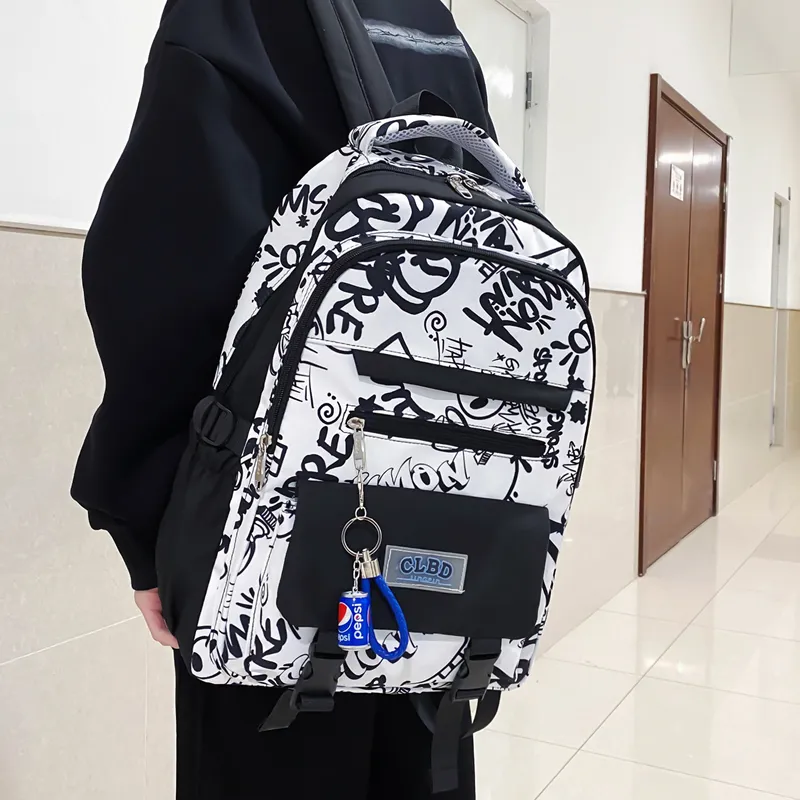 Wolfhorse Nylon Backpack Unisex Black Large Letter/Black Small Letter/Pink Cartoon-7