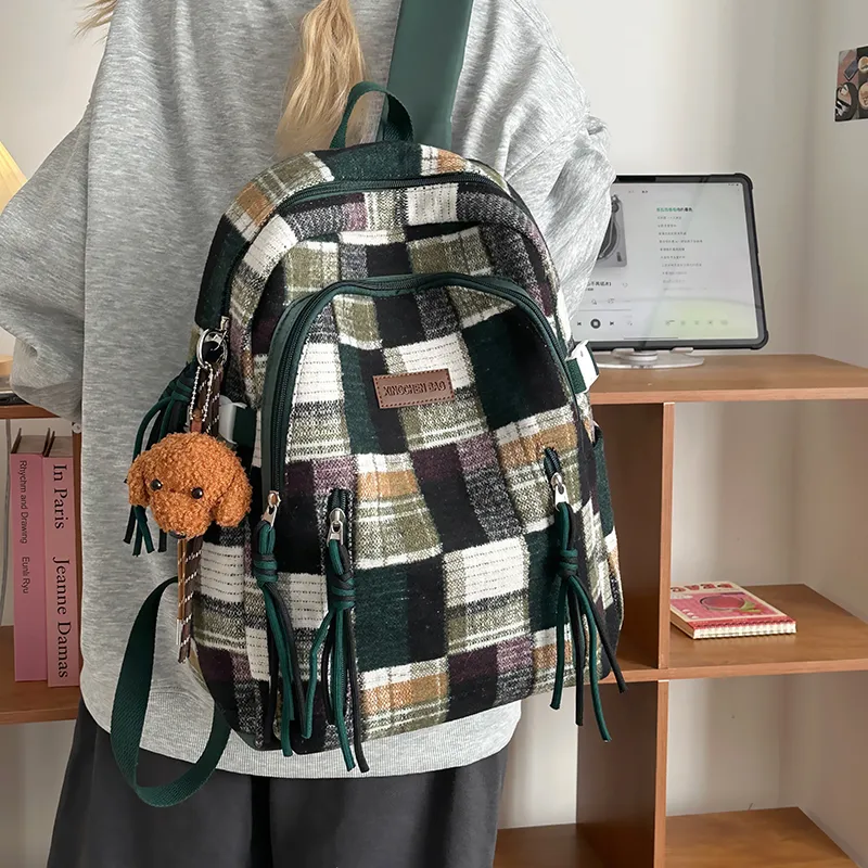 Tibai Nylon Backpack Unisex Yellow Plaid/Green Plaid/Red Plaid-10