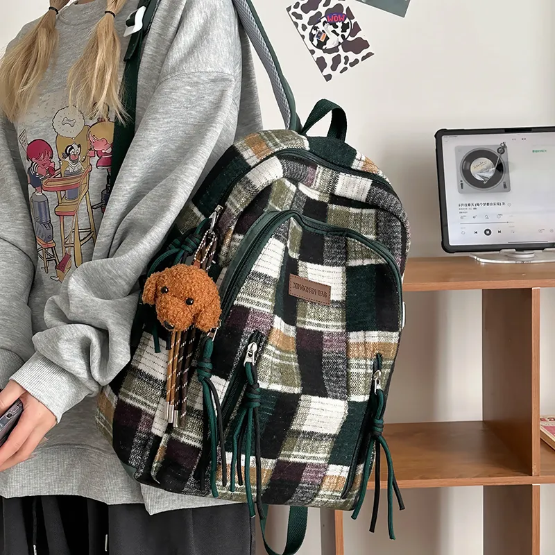 Tibai Nylon Backpack Unisex Yellow Plaid/Green Plaid/Red Plaid-14
