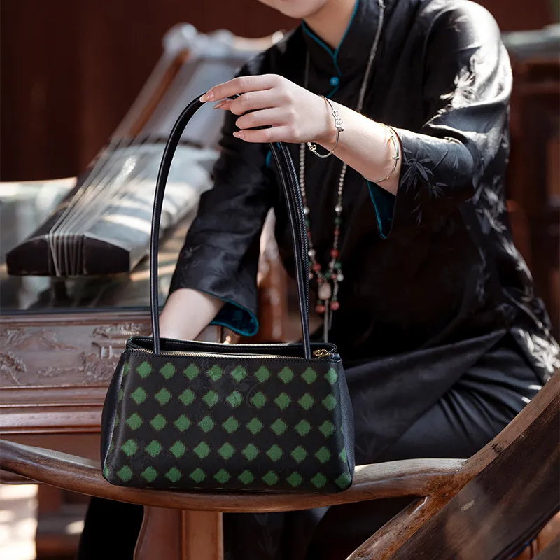 Shanghai Story Mulberry Silk And Brocade Shoulder Bag Medium Size Women's Avocado Green-1