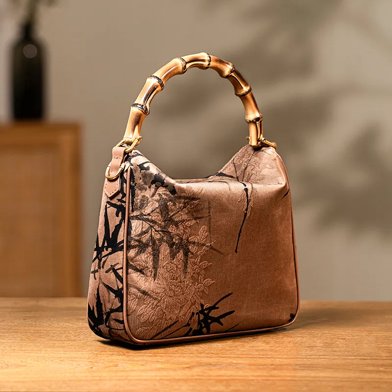 Shanghai Story Mulberry Silk Handbag Medium Size Women's Sugar Apricot & Brown-2