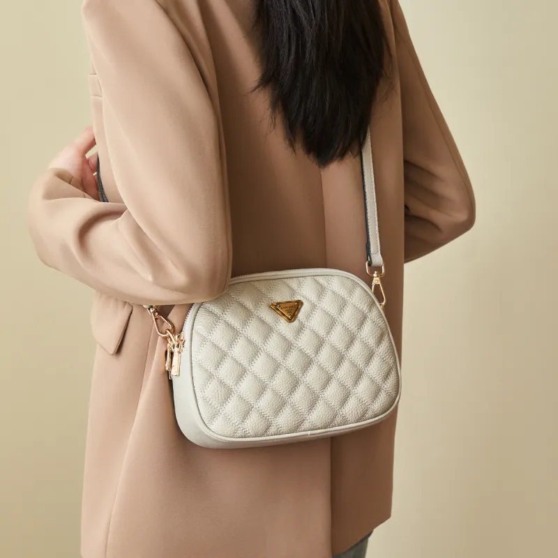 AOKANG Cow Leather Small Round Bag With Diamond Pattern, One Shoulder Crossbody Bag Regular Women's Classic Black/Ecru-7
