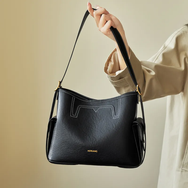 AOKANG Top Grain Cow Leather Tote Shoulder Bag Hobo Crossbody Bag Large Size Women's Sandalwood Brown/Smoke Ink Black-5