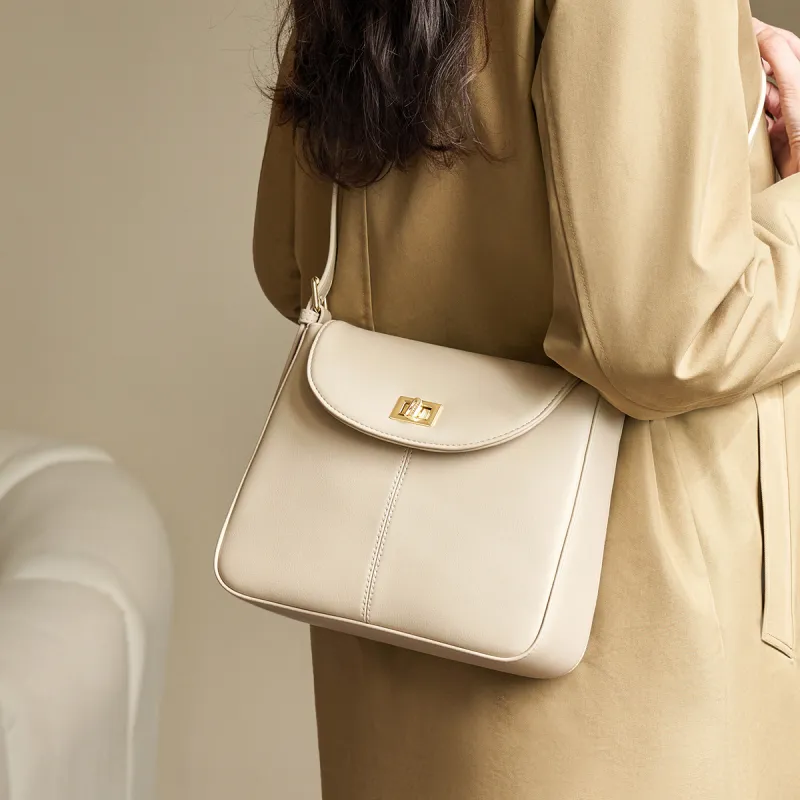 AOKANG Cow Leather Small Square Bag, Shoulder Bag, Crossbody Bag Regular Women's Coffee/Ecru/Gold Brown-9