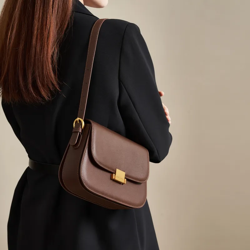 AOKANG Cow Leather Tofu Bag, Shoulder Bag, Crossbody Bag, Small Square Bag Regular Women's Cocoa Coffee/Ecru-4