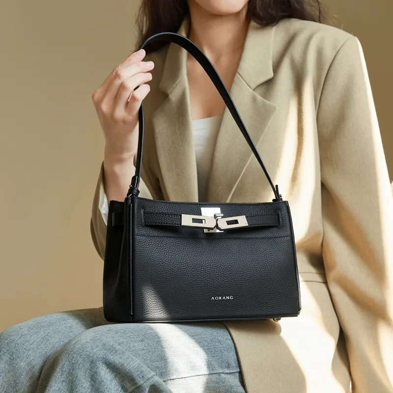 AOKANG Cow Leather Kelly Bag Shoulder Bag Medium Size Women's Elephant Gray/Classic Black-9