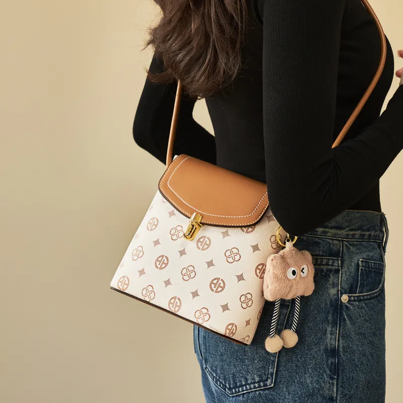 AOKANG PVC Bucket Bag, Shoulder Bag, Crossbody Bag, Monogram Bag Small Size Women's Coffee/Ecru-6