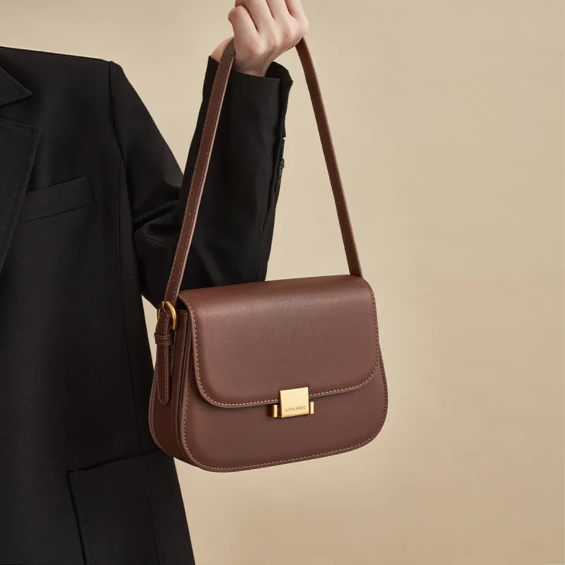 AOKANG Cow Leather Tofu Bag, Shoulder Bag, Crossbody Bag, Small Square Bag Regular Women's Cocoa Coffee/Ecru-5