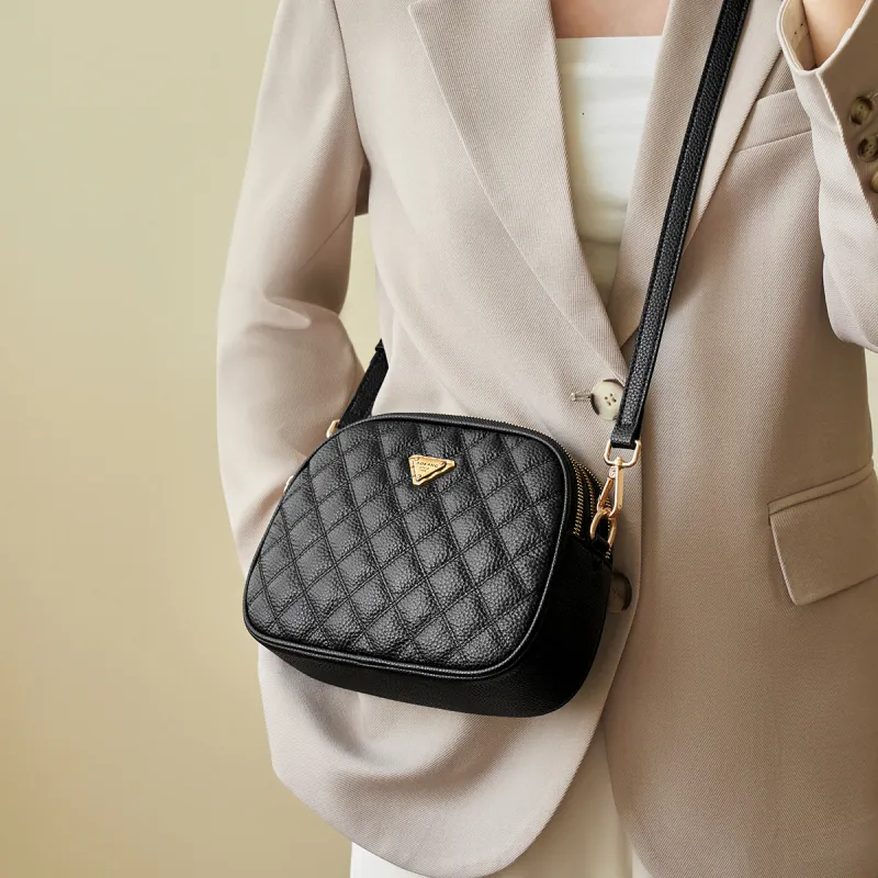 AOKANG Cow Leather Small Round Bag With Diamond Pattern, One Shoulder Crossbody Bag Regular Women's Classic Black/Ecru-3