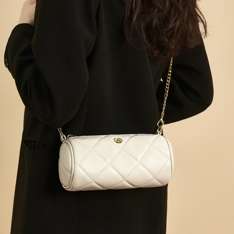 AOKANG Synthetic Leather Cylinder Diamond Pattern Chain Shoulder Bag Women's Classic Black/Ecru-3