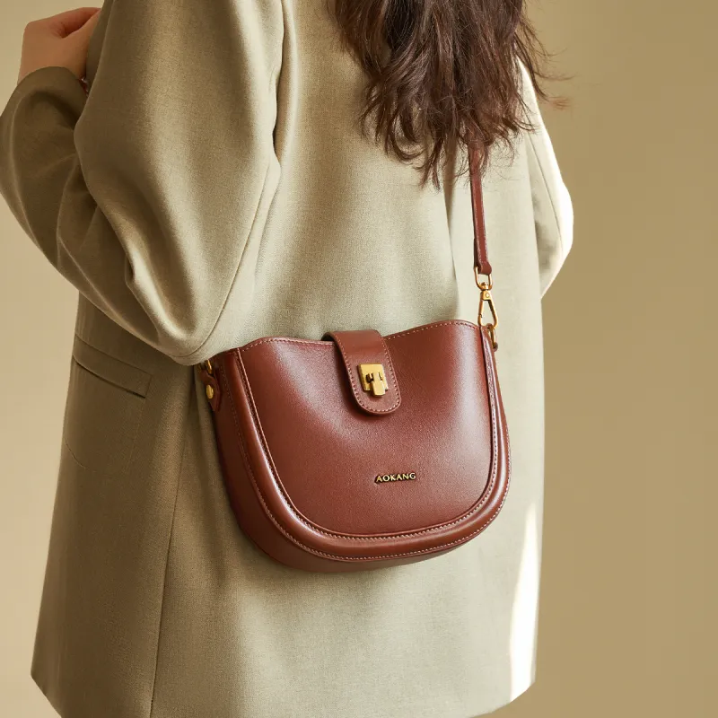 AOKANG Cow Leather Saddle Bags Shoulder Bags Mini Women's Caramel Brown/Classic Black/Ecru-3