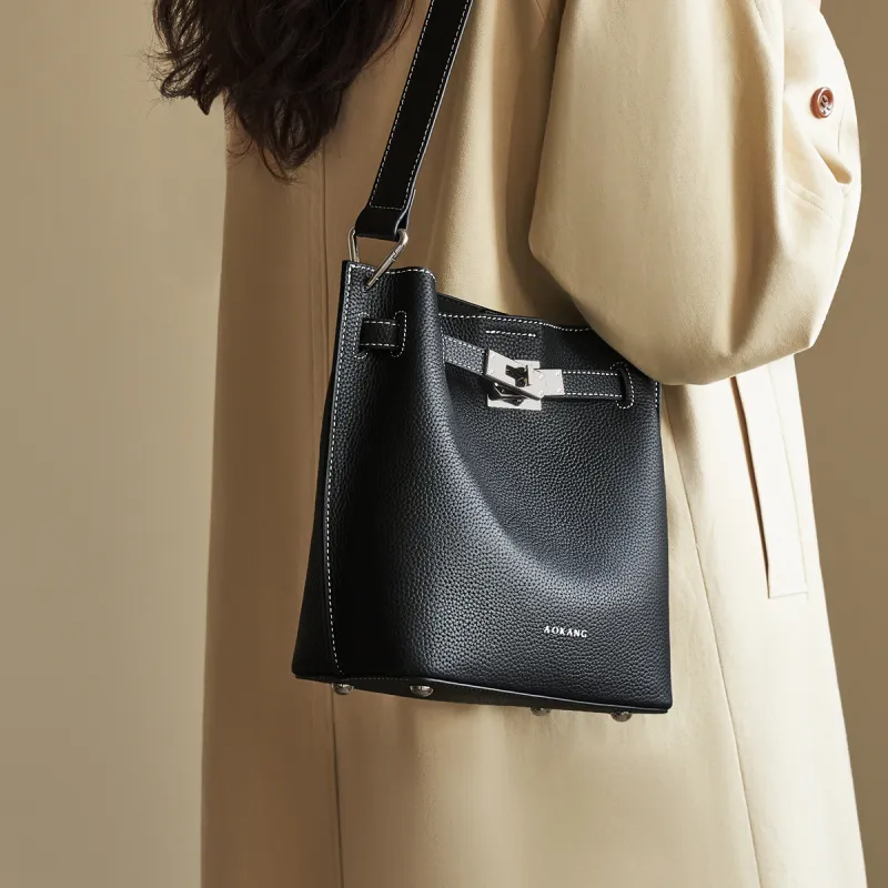 AOKANG Top Grain Cow Leather Bucket Bag Shoulder Bag Crossbody Bag Shoulder Bag Women's Elephant Gray/Classic Black-8