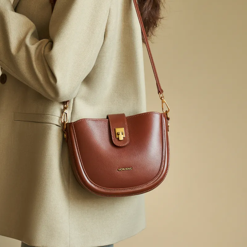 AOKANG Cow Leather Saddle Bags Shoulder Bags Mini Women's Caramel Brown/Classic Black/Ecru-4