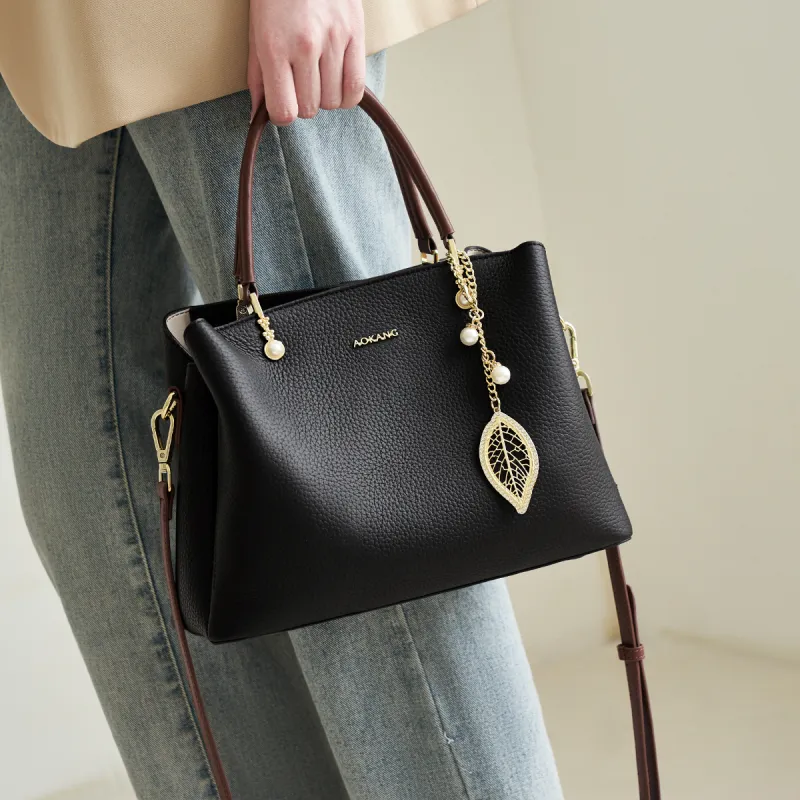 AOKANG Cow Leather Tote Handbag, Shoulder Bag, Crossbody Bag Women's Ecru/Classic Black/Pearl Blue-6