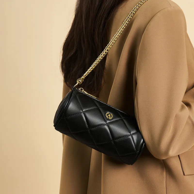 AOKANG Synthetic Leather Cylinder Diamond Pattern Chain Shoulder Bag Women's Classic Black/Ecru-7