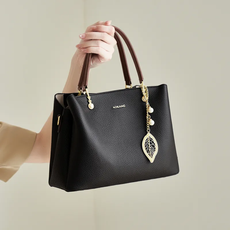 AOKANG Cow Leather Tote Handbag, Shoulder Bag, Crossbody Bag Women's Ecru/Classic Black/Pearl Blue-5