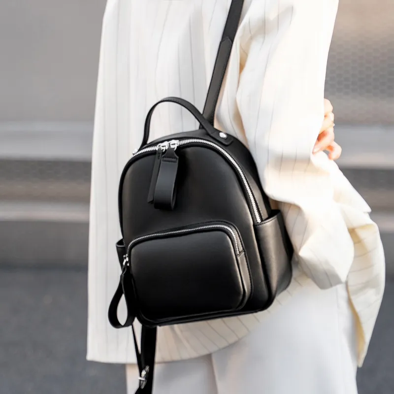 AOKANG Cow Leather With Synthetic Leather Backpack Medium Size Women's Beige Apricot/Coffee & White/Classic Black-8