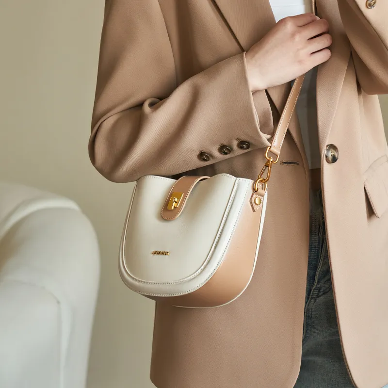 AOKANG Cow Leather Saddle Bags Shoulder Bags Mini Women's Caramel Brown/Classic Black/Ecru-14
