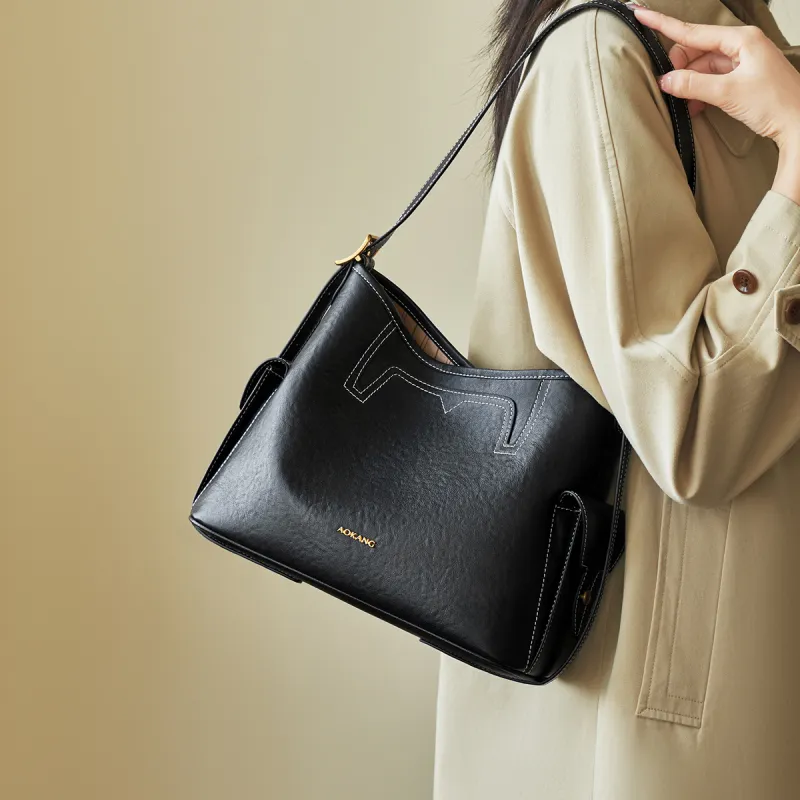 AOKANG Top Grain Cow Leather Tote Shoulder Bag Hobo Crossbody Bag Large Size Women's Sandalwood Brown/Smoke Ink Black-6