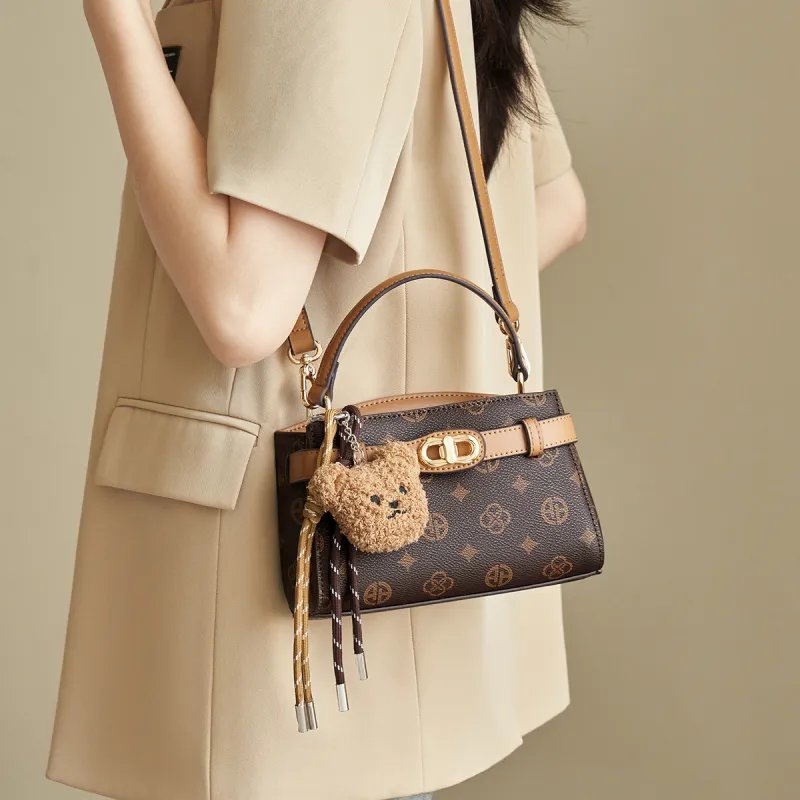 AOKANG PVC Kelly Bag, Shoulder Bag, Crossbody Bag, Handbag Women's Coffee/Ecru-2