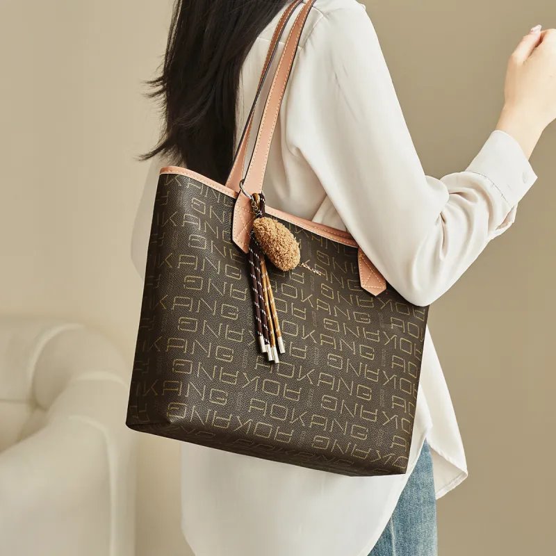 AOKANG PVC With Synthetic Leather Tote Bag, Shopping Bag, Shoulder Bag Tubas Women's Coffee/Ecru-3