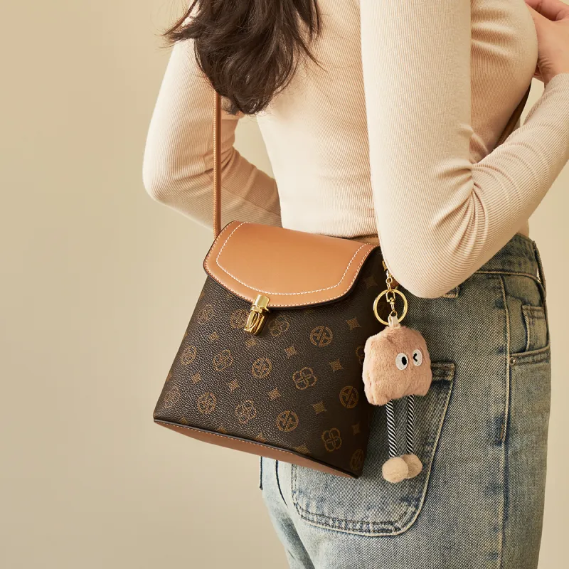 AOKANG PVC Bucket Bag, Shoulder Bag, Crossbody Bag, Monogram Bag Small Size Women's Coffee/Ecru-2