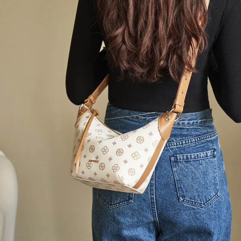 AOKANG PVC Shoulder Bag, Croissant Bag, Shoulder Bag Mini Women's Coffee/Ecru-9