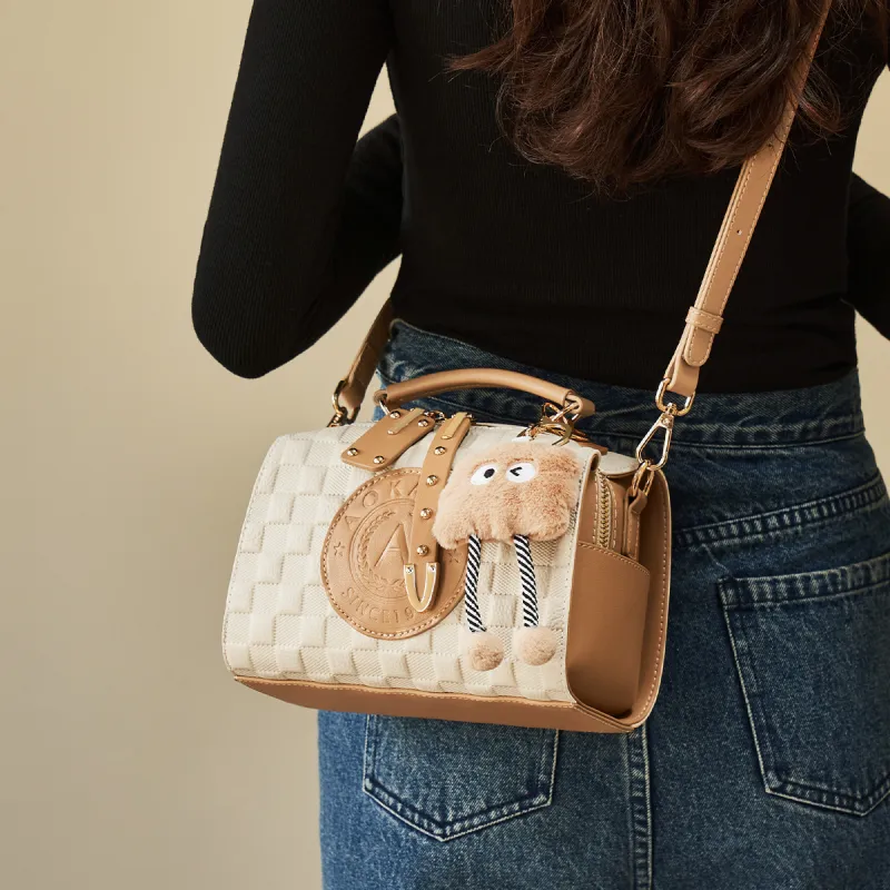 AOKANG Cow Leather Pillow Bag, One Shoulder Handbag Regular Women's Ecru/Elephant Gray-1