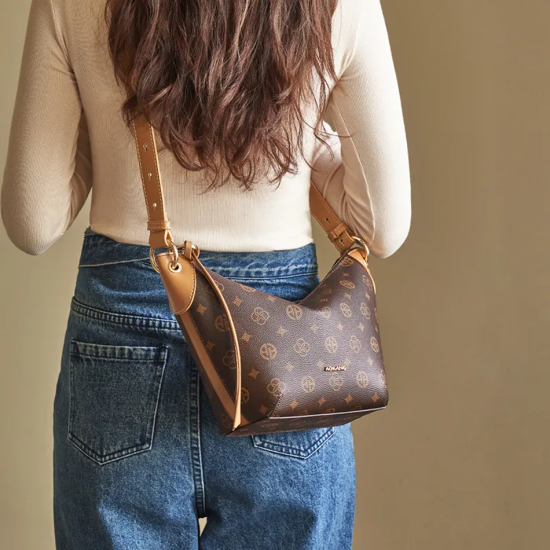 AOKANG PVC Shoulder Bag, Croissant Bag, Shoulder Bag Mini Women's Coffee/Ecru-4