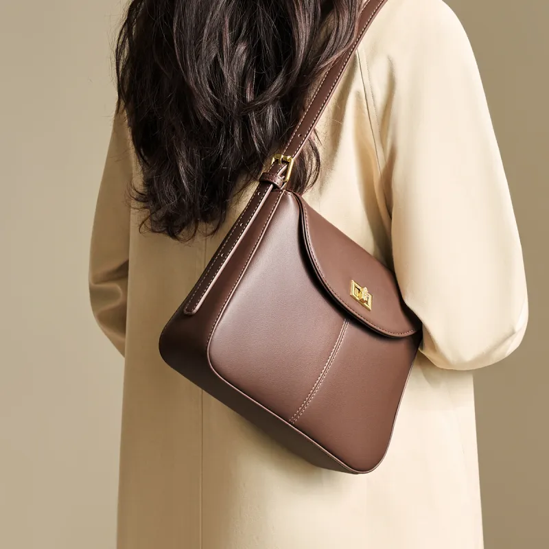 AOKANG Cow Leather Small Square Bag, Shoulder Bag, Crossbody Bag Regular Women's Coffee/Ecru/Gold Brown-3