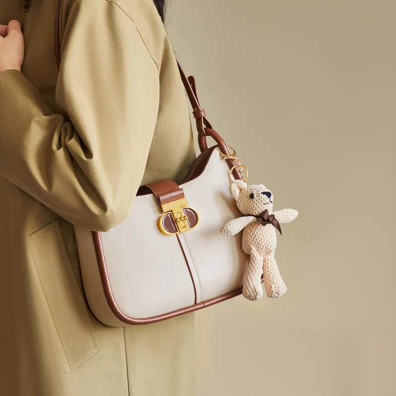 AOKANG Cow Leather Shoulder Bag Saddle Bag Shoulder Bag Medium Size Women's Off-White/Caramel Brown/Classic Black-1
